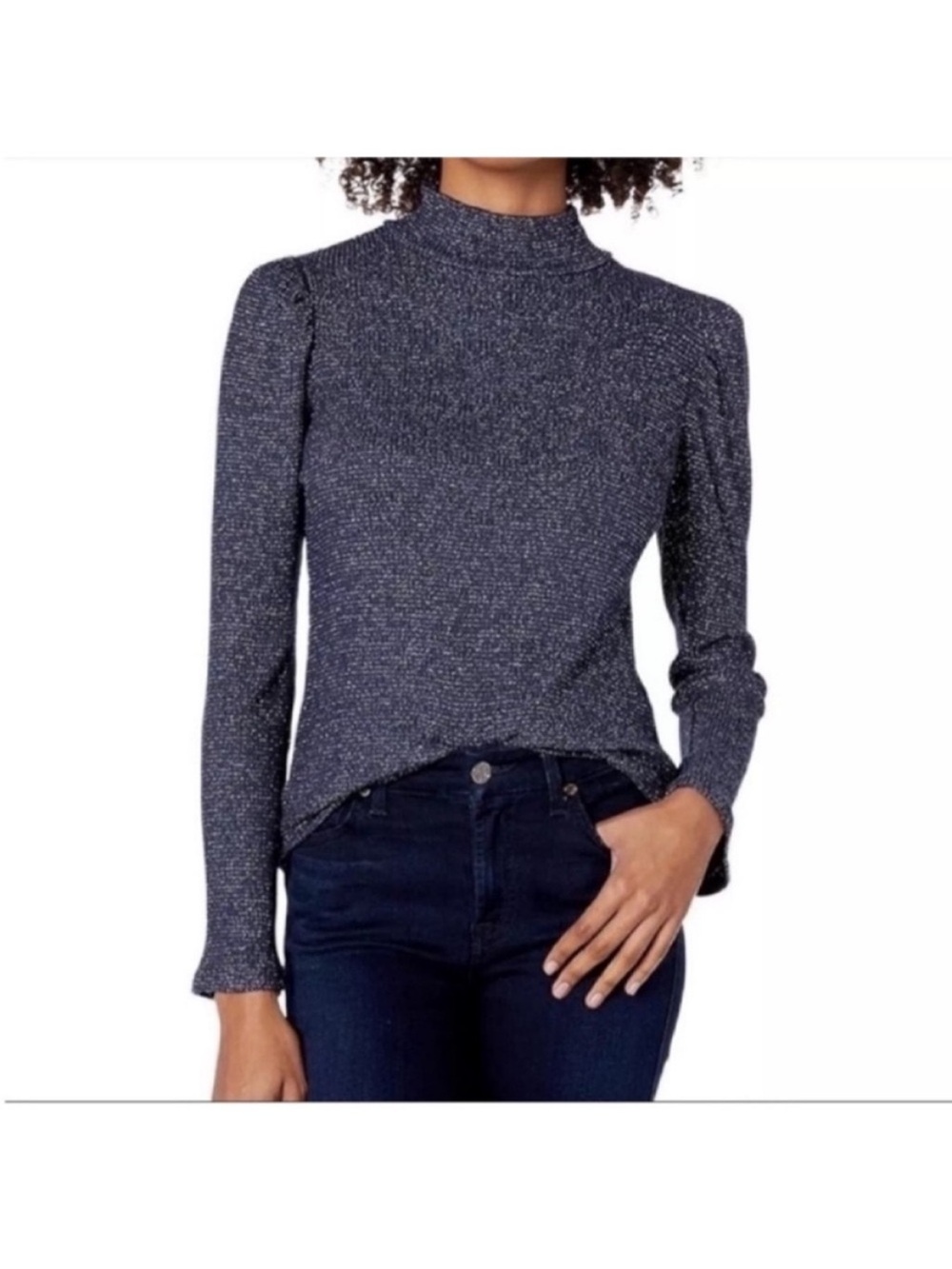 Rachel Pally Ada mock neck puff sleeve metallic ribbed knit top long sleeve